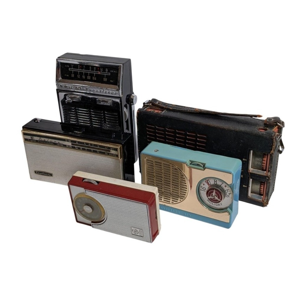 Vintage Transistor Radio Lot Sony GE Holiday Captain Mid-Century 5pc Collection